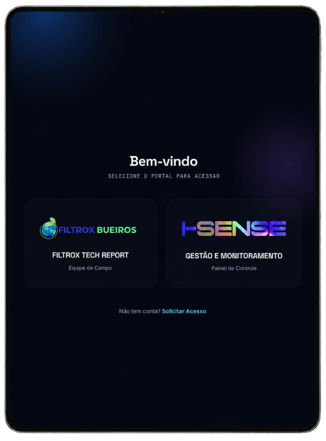 Portal de acesso Filtrox Tech Report e I-SENSE exibido em tablet