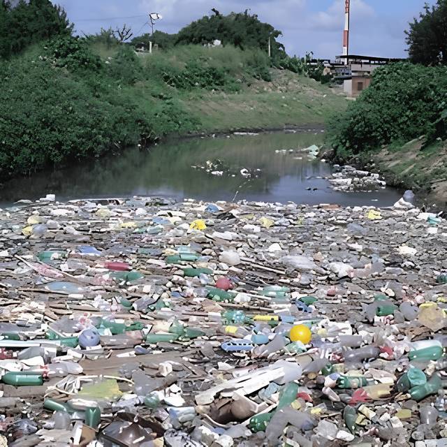 Rio coberto de lixo plástico por falta de retenção na drenagem urbana