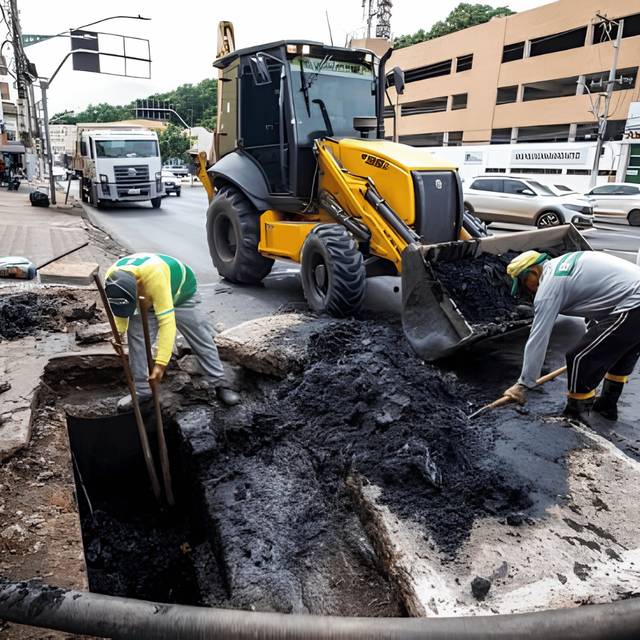 Máquina retroescavadeira removendo lodo de galeria aberta na rua