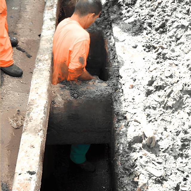 Bueirista dentro de galeria de drenagem entupida