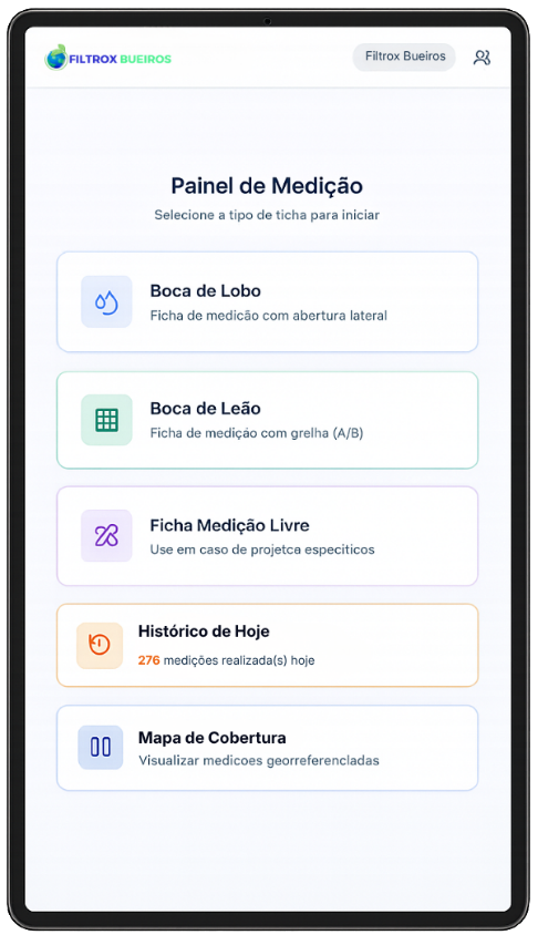 Aplicativo Filtrox Tech Report exibido em tablet