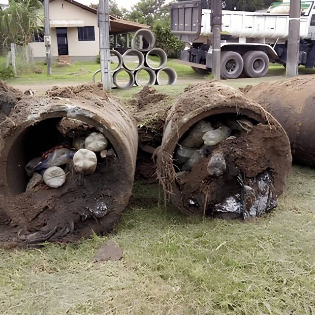 Tubulações de drenagem obstruídas por pedras e detritos